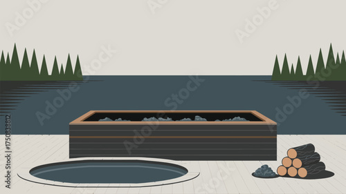 Illustration of a hot tub and wood pile next to a lake with trees in the background in muted colors
