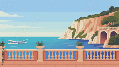 Illustration of a coastal scene with a plane in the water and a cliffside building visible near the sea