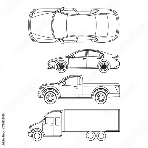 Set of outline vector car, bike, truck vehicles. Top and side view. Vector illustration