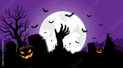 Spooky Halloween night background with zombie hand rising from grave, full moon, bats, pumpkins and haunted cemetery. Horror illustration for Halloween party, poster and dark fantasy design.