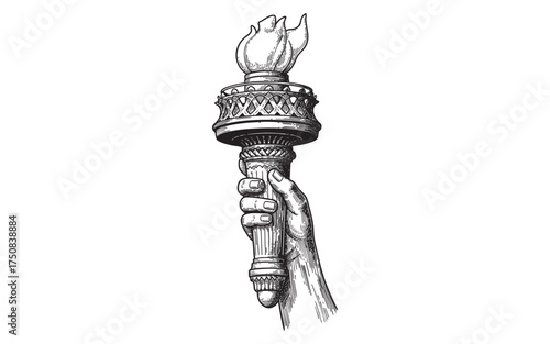 hand holding a torch with a flame, resembling the Statue of Liberty's torch