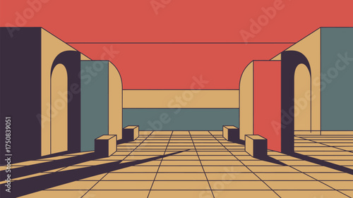 Architectural rendering of a hallway with arches and shadows in a retro color palette style design