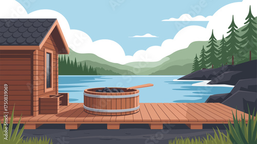 Cabin with wooden tub on dock overlooking lake surrounded by mountains and trees under cloudy sky