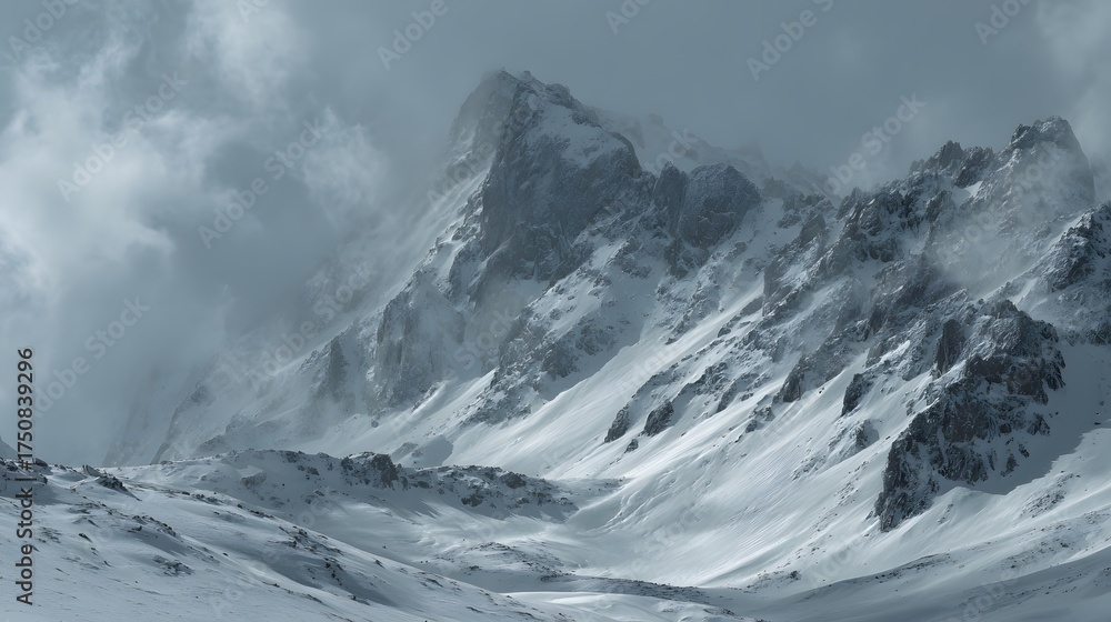 Fototapeta premium Misty snow-covered mountains under a cloudy sky create a dramatic winter scene.
