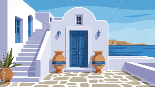 White building with blue door and stairs near the sea with pots on the stone floor outside view