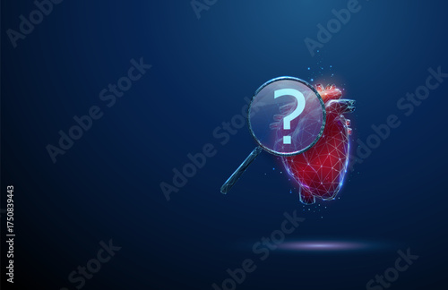 3D human heart under magnifying glass with question mark inside. Cardiovascular disease investigation, heart condition analysis, undiagnosed pathology concept.