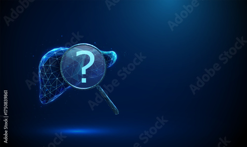 Liver under magnifying glass with question mark inside. Hepatic diagnostics, disease investigation, unknown pathology, undiagnosed condition, biomedical research concept.