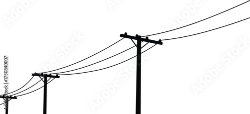 Vector illustration of utility poles with electric power lines in perspective, energy distribution, infrastructure, electricity grid, engineering, urban landscape design