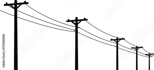 Utility poles with power lines in perspective, electricity transmission infrastructure, rural communication network, linear vanishing point, industrial energy landscape illustration