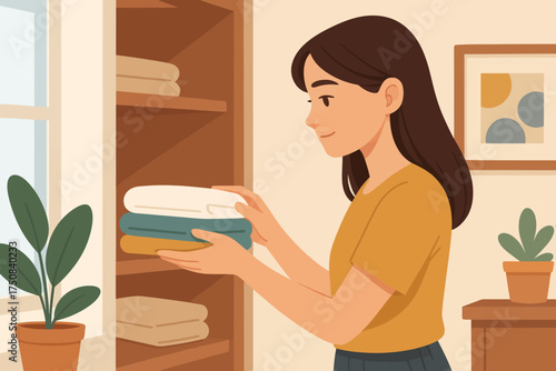 A young woman arranges folded clothes on closet shelves, illustrating home organization and tidying tasks.