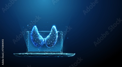 Blue 3d laptop with human thyroid gland. E-health, digital healthcare, medical monitoring, telemedicine, diagnostics, health technology concept.