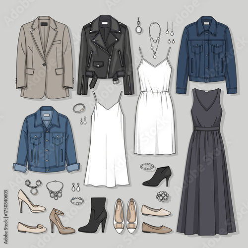 Women's Fashion Capsule Wardrobe Flat Lay. Versatile Apparel Collection with Jackets, Dresses, Shoes, and Accessories in Neutral Tones.