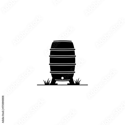 Water butt barrel for rain water collection, black vector illustration. Irrigation and nature resources usage. Environmental concept in farming and gardening