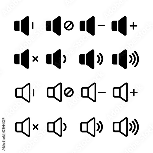 Speaker Icon vector illustration, Volume control sign, Audio icon, Media player buttons icon set isolated, mute symbol, Silent sign, Low volume, Maximum Volume symbol, No volume