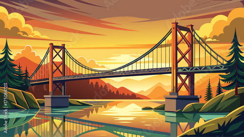 
Very beautiful Wheeling Suspension Bridge spanning a wide river, reflecting golden evening light, graceful structure, calm water, and timeless symbol of engineering heritage.
