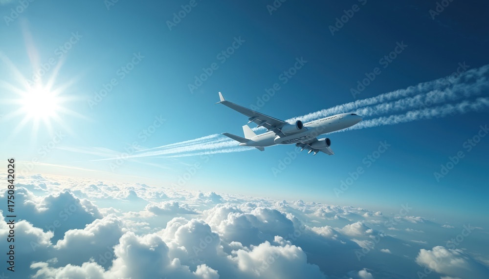 Fototapeta premium White passenger jet airplane flies high in bright blue sky. Leaves long white contrails behind wings. Bright sun shines over soft white clouds from above, making clear day for air travel, global