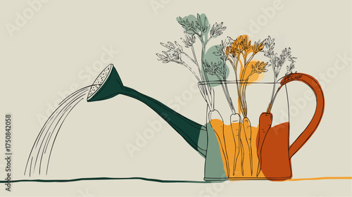Watering can with growing carrots for organic farming and garden themes