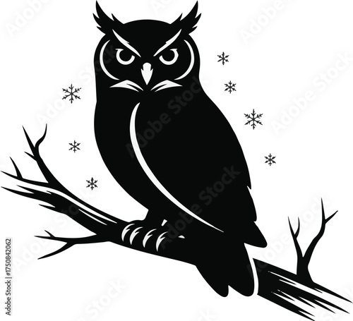 black and white owl sitting on a branch cartoon vector illustration