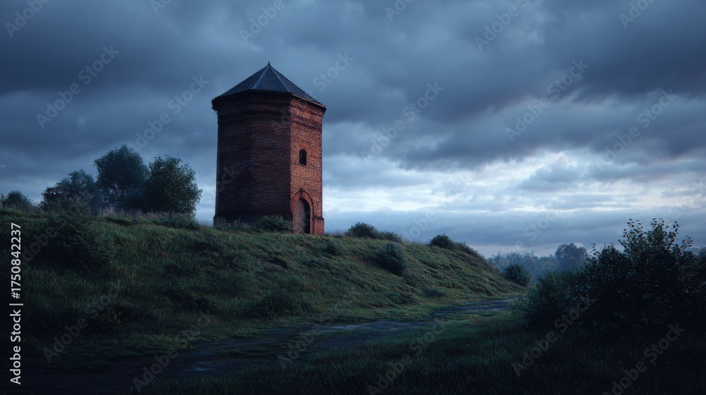 Fototapeta premium Ancient Stone Tower Perched Atop a Hill Under a Dramatic Sky.