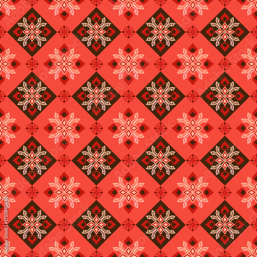  A collection of seamless vector patterns inspired by traditional Thai art and Isaan silk textile motifs. Features intricate floral and geometric elements in a rich red, brown, and cream palette.