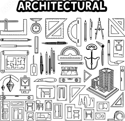 Architectural and Engineering Drafting Tools, Blueprint, Construction Elements, Furniture, and Building Icons Set in Outline Style