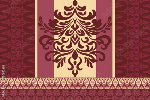A rich collection of vintage luxury damask vector patterns and ornate border designs in a striking burgundy and beige/gold palette. Perfect for elegant textile, wallpaper, and wedding invitations.