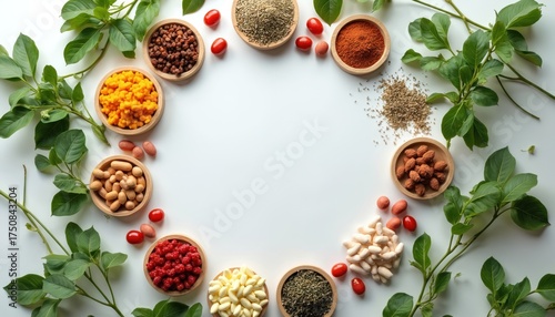 Wallpaper Mural Overhead view assorted organic food in wooden bowls circle with green leaves. Variety of spices grains nuts and other products. Healthy eating concept. White background with copy space. Torontodigital.ca