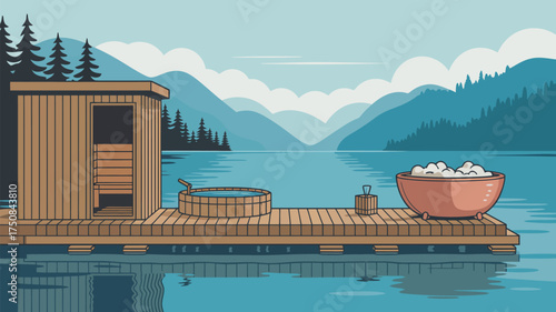 Illustration of a sauna and hot tub on a dock with mountains and water in the background scenery view