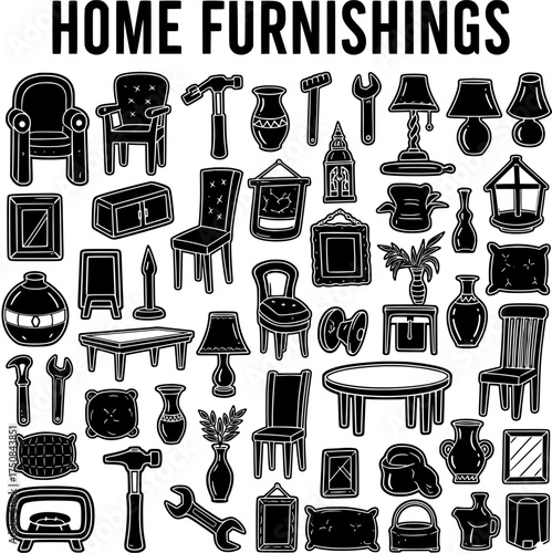 Detailed Black and White Outline Icons of Home Furnishings, Furniture, Decorative Items, and Household Tools on a White Background
