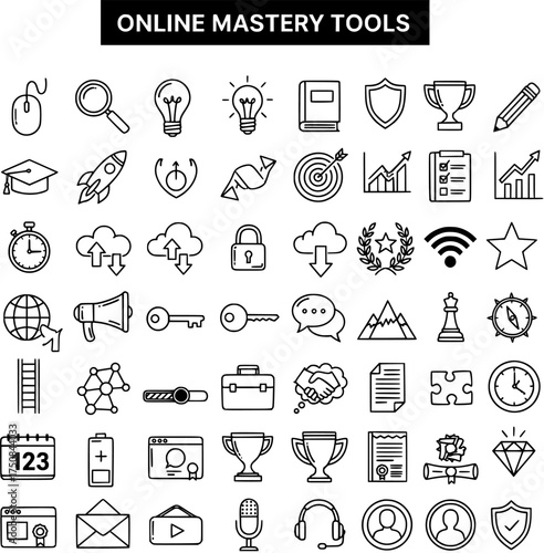 Online Mastery Tools Vector Icons Set: Digital Education, Business Success, and Technology Outline Symbols Collection