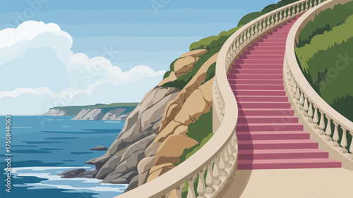 Winding pink staircase with balustrade leading up a cliffside overlooking the ocean on a sunny day