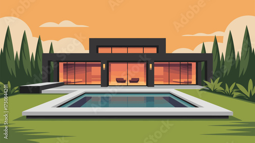 A modern house with a swimming pool and trees under an orange sky with clouds in a cartoon style