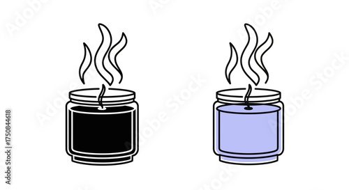 Two scented candles in glass jars, one black and one light purple, both lit and emitting smoke, in a simple line art illustration