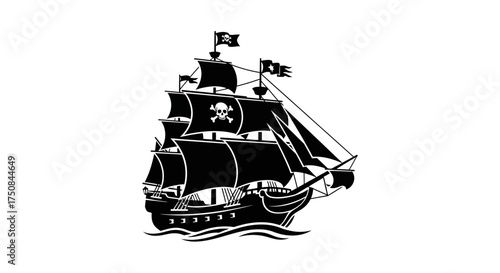 A black and white illustration of a pirate ship sailing with skull and crossbones.