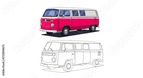 Pink Camper Van Illustration in Color and Line Art Styles