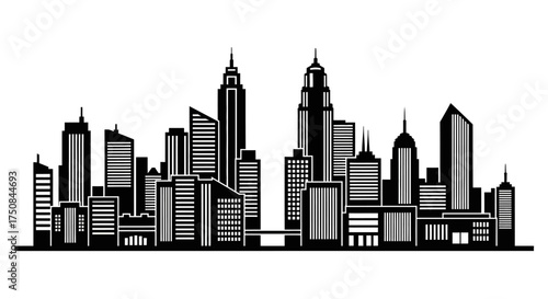 Stylized graphic depiction of an expansive city silhouette featuring various buildings and high-rises, perfect for urban design and architectural themes