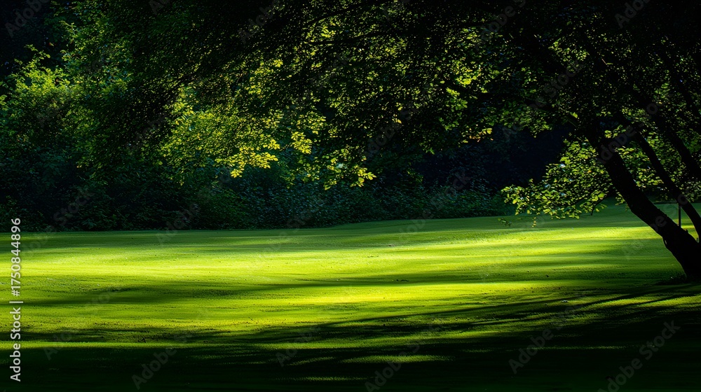 Obraz premium Lush green field illuminated by sunlight with a large tree.