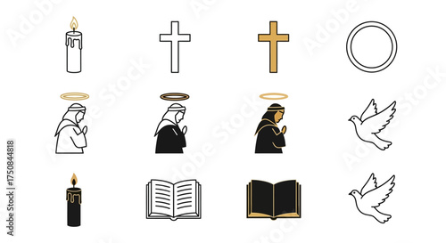 Religious icons depicting a candle, cross, haloed figure, ring, dove, and open book in black, white, and gold.