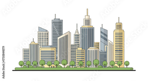 Vector illustration of a modern city skyline with tall skyscraper buildings and a green park. Urban architecture and downtown business district concept