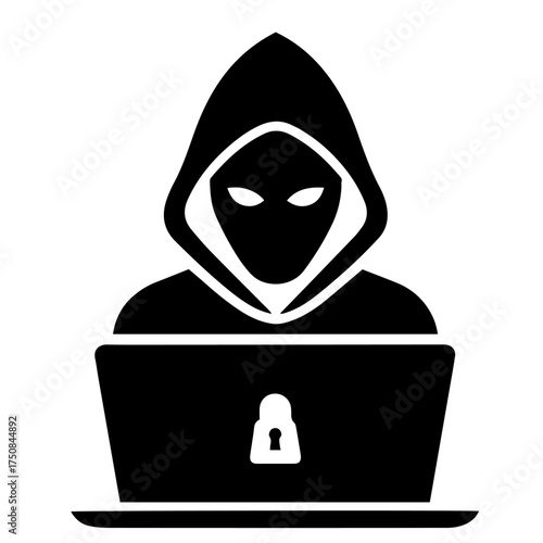 Black and white vector silhouette of a hacker on white background