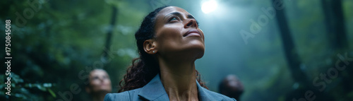 Hopeful businesswoman looking up taking deep breath in lush green forest. An executive practicing wellness and mindfulness, finding relief from stress in nature