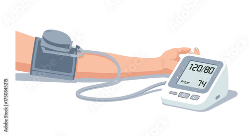 Arm with blood pressure cuff attached, digital monitor displaying readings, indicating health check.