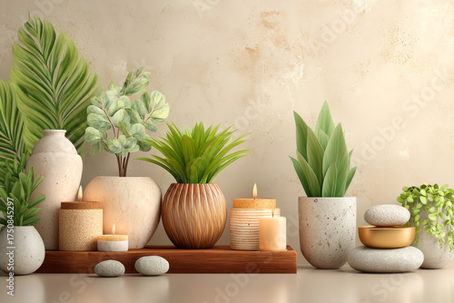 Calm serene spa interior for wellness with plant, candle, and stone decoration. Natural, zen inspired background for aromatherapy, meditation, and pure relaxation