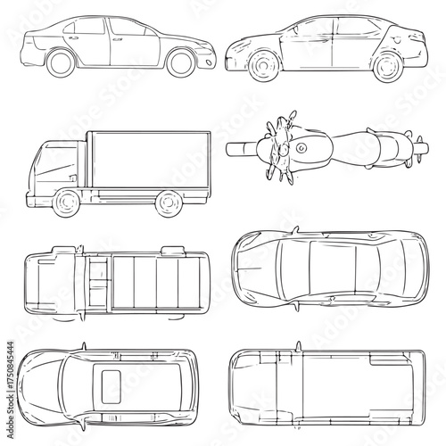 Set of outline vector car, bike, truck vehicles. Top and side view. Vector illustration