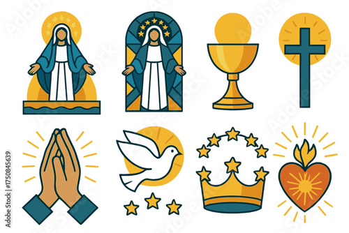Sacred Icon Set. Religious Immaculate Conception set of icons in geometric flat vector. Church altar, stained glass window, golden chalice, cross with halo, praying hands, dove of