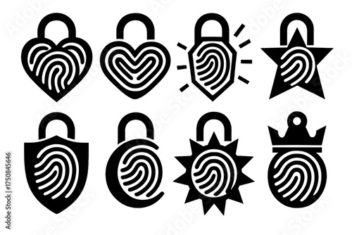 Fingerprint Lock Icons. Symbolic Fingerprint Locks set of icons silhouette. Heart-shaped fingerprint lock, infinity fingerprint lock, fingerprint glowing crystal lock, star-shaped