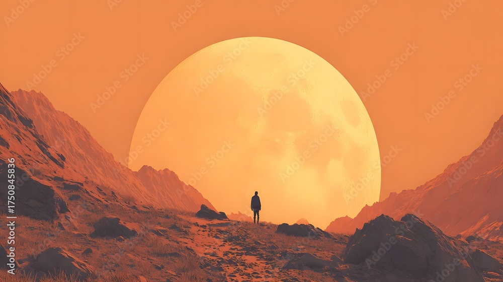 Naklejka premium Lone figure stands on rocky terrain facing a colossal celestial body.