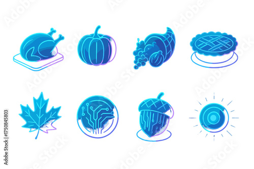 Futuristic Thanksgiving Icons. Futuristic Thanksgiving set icons in flat vector style. Holographic turkey, neon glowing pumpkin, cyber cornucopia, digital pie, AI autumn leaf
