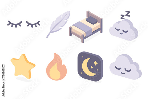 Slumber Icon Collection. Slumber set icons in flat vector style closed eyes symbol, drifting feather, quiet bed, resting cloud, glowing star, soft flame, calm night, peaceful dream