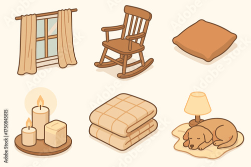 Cozy Homely Scene. Homely set icons in flat vector style window with curtains, wooden rocking chair, soft cushion, candle cluster, folded quilt, calm lamp glow, cozy blanket